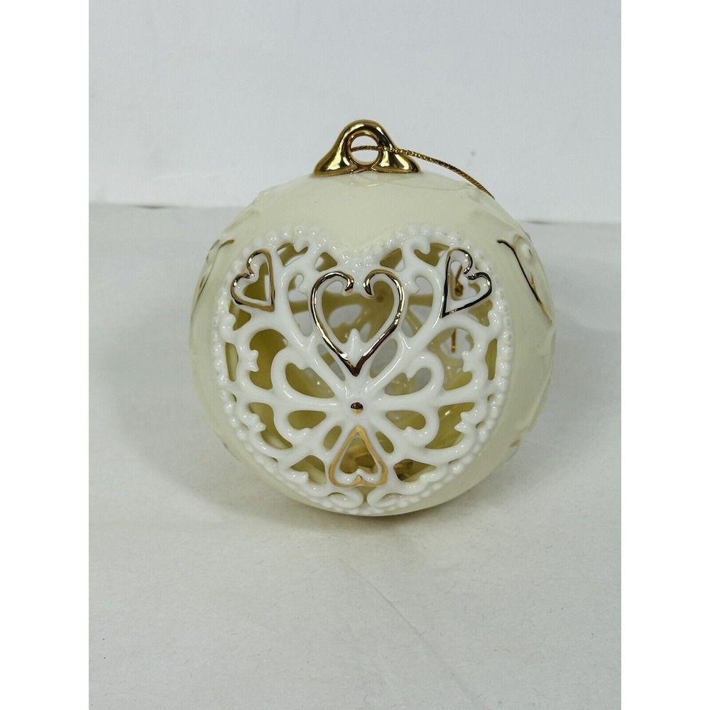Elegant Round Ivory & Gold Heart Ceramic Reticulated Christmas Ornaments By Ganz